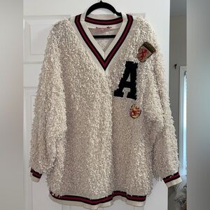 Eva Franco Cream Varsity Textured V-Neck Sweater with Letter Patch